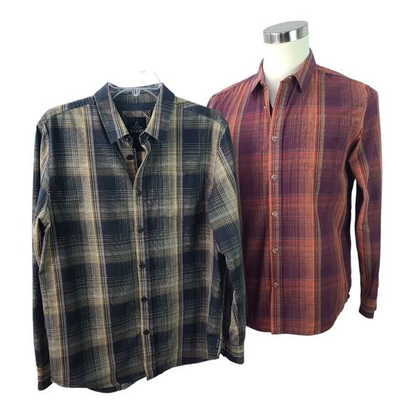 Prana Red Black Tan Plaid PAIR Button Down 2 Shirts Size Large - Picture 1 of 6